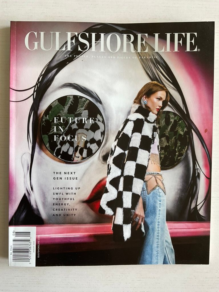 Gulfshore Life magazine Future in Focus Next Gen Issue cover with model in checkered scarf.