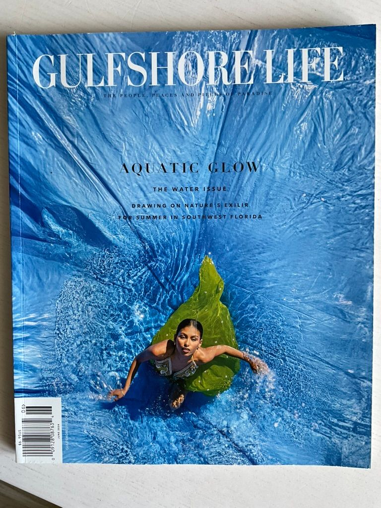 Gulfshore Life magazine cover featuring Aquatic Glow water issue with swimmer in blue pool.