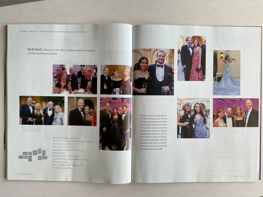 Magazine spread featuring NCH Ball event photos with formally dressed guests at The Ritz-Carlton Naples charity fundraiser.