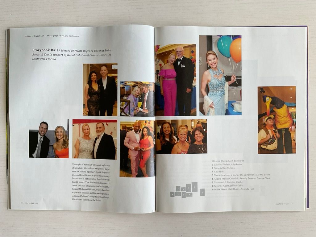 Magazine spread showing Brookbrook Ball event photos with formally dressed attendees posing at a Naples Florida charity gala.