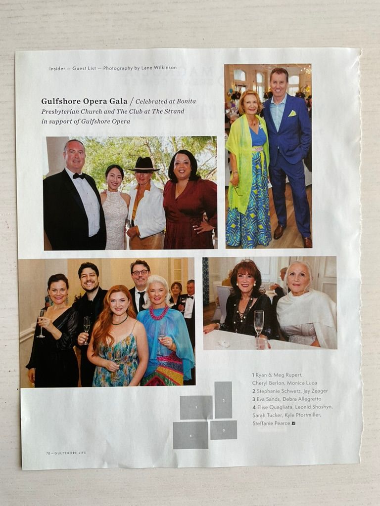 Magazine spread featuring Gulfshore Opera Gala guests posing in formal attire at The Club at The Strand in Naples, Florida.