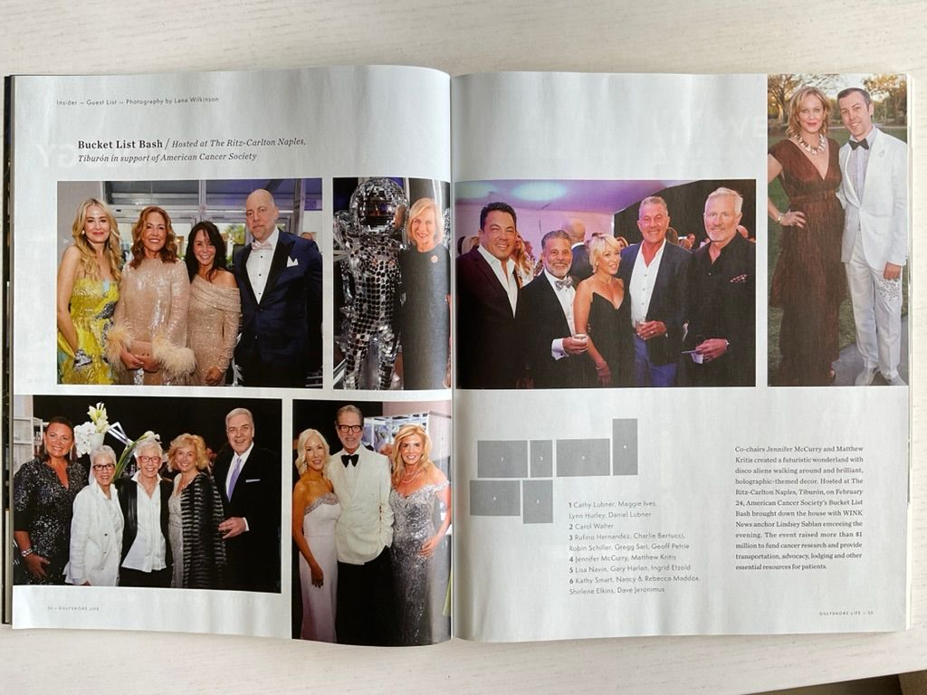 Gulfshore Life magazine spread featuring Bucket List Bash gala event at Ritz-Carlton Naples.