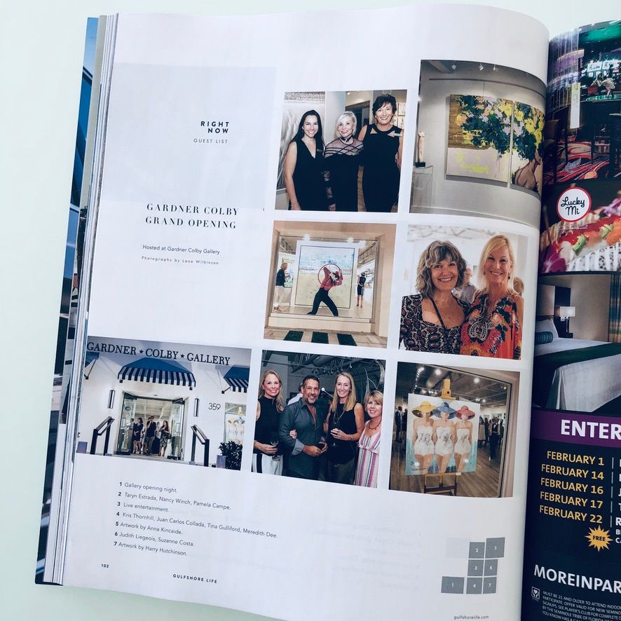 Magazine spread displaying Gardner Colby Gallery grand opening event photos with guests and artwork on display.