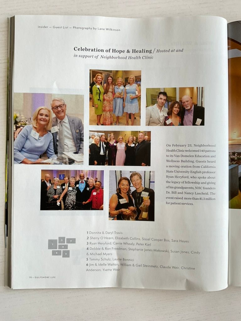 Gulfshore Life magazine spread covering Celebration of Hope and Healing event hosted in support of Neighborhood Health Clinic.