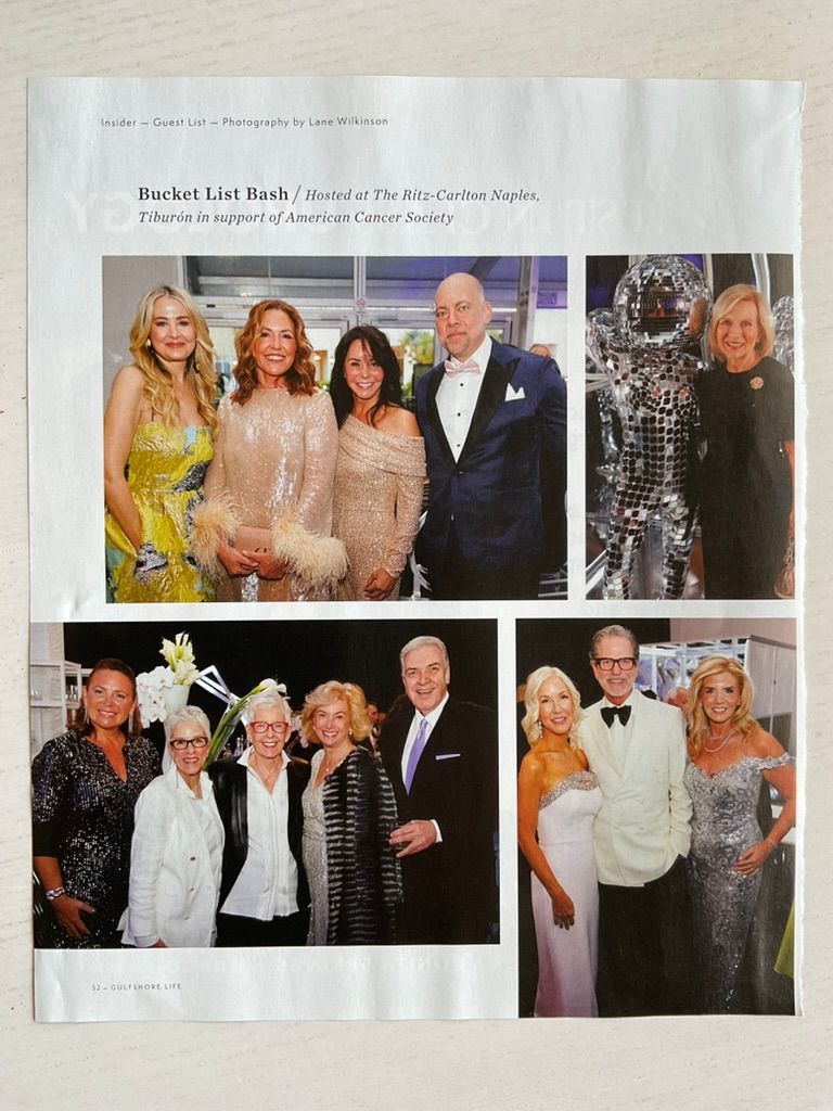 Gulfshore Life magazine spread featuring Bucket List Bash event photos at Ritz-Carlton Naples Tiburon.