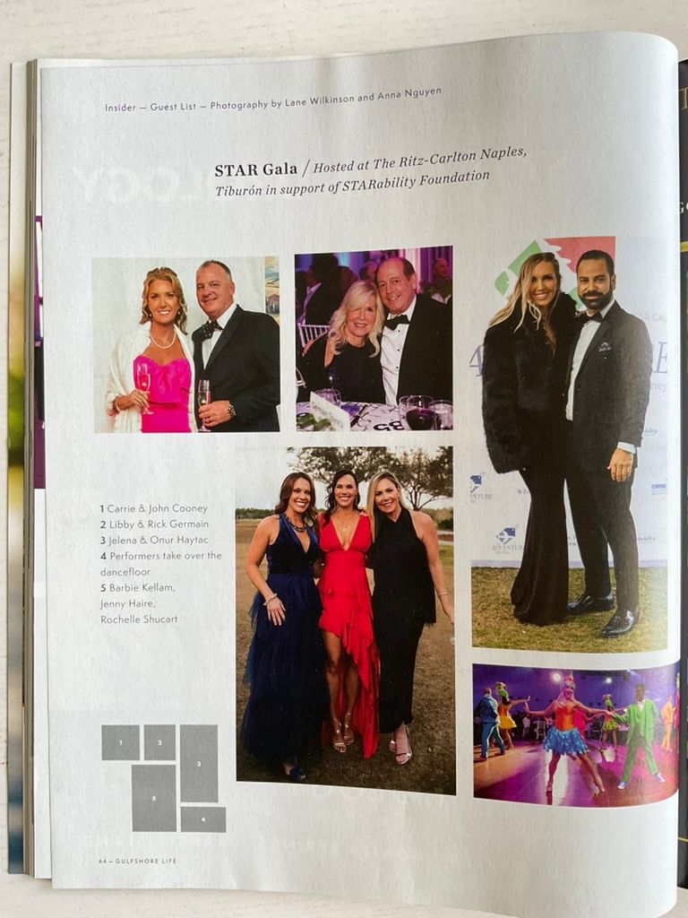 Gulfshore Life magazine spread showing STAR Gala attendees at Ritz-Carlton Naples Tiburon event.