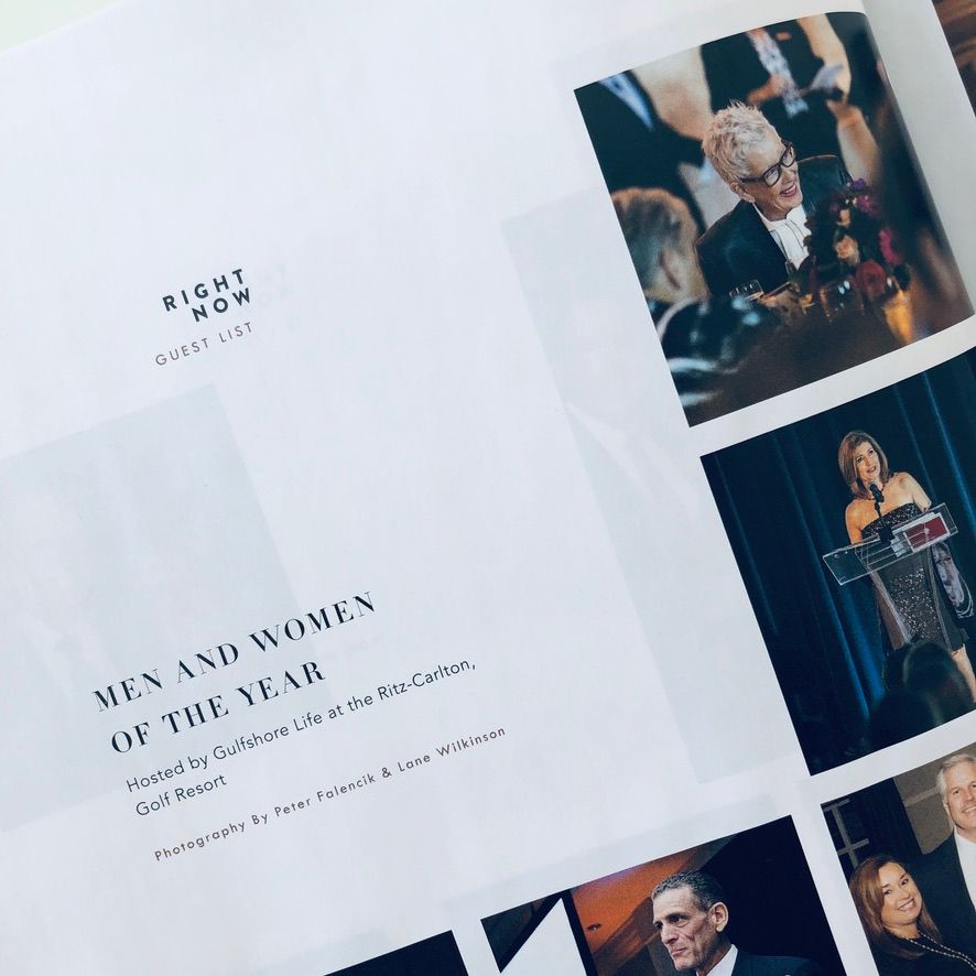Gulfshore Life magazine spread featuring Men and Women of the Year event hosted at the Ritz-Carlton Golf Resort.