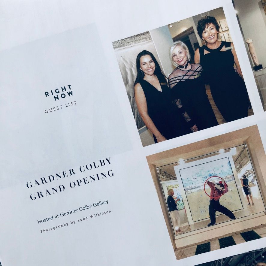 Magazine spread showing Gardner Colby Gallery grand opening event with guests in black attire posing for photos.