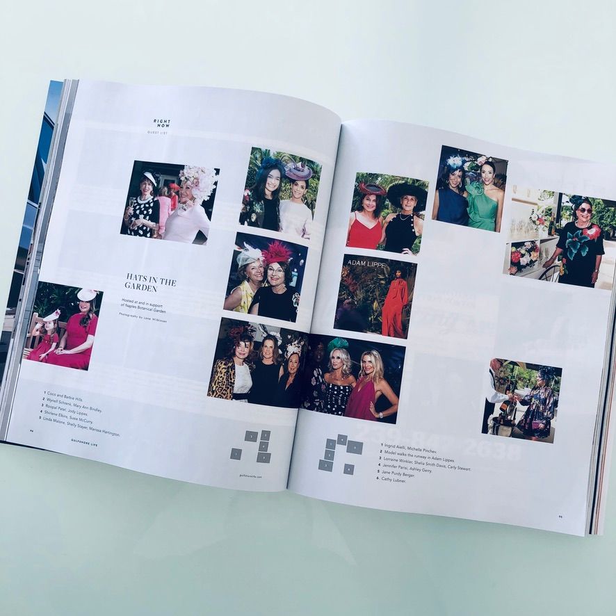 Open magazine spread showing colorful photos from the Hats in the Garden event at Naples Botanical Garden.