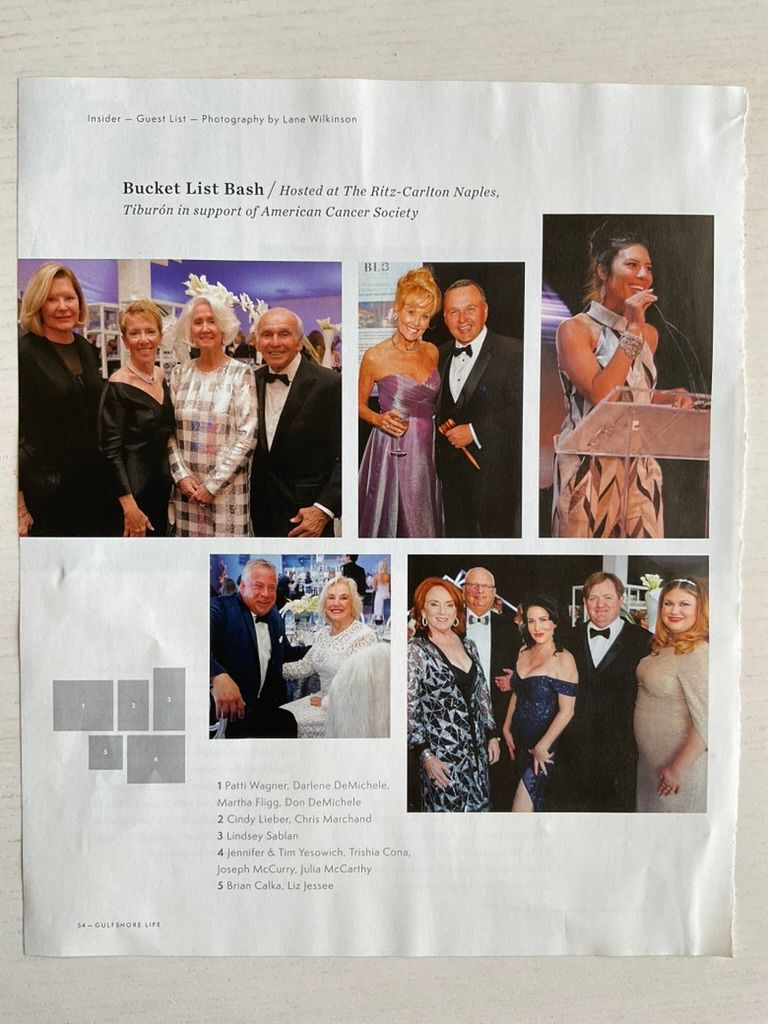Gulfshore Life magazine spread showing Bucket List Bash at Ritz-Carlton benefiting American Cancer Society.