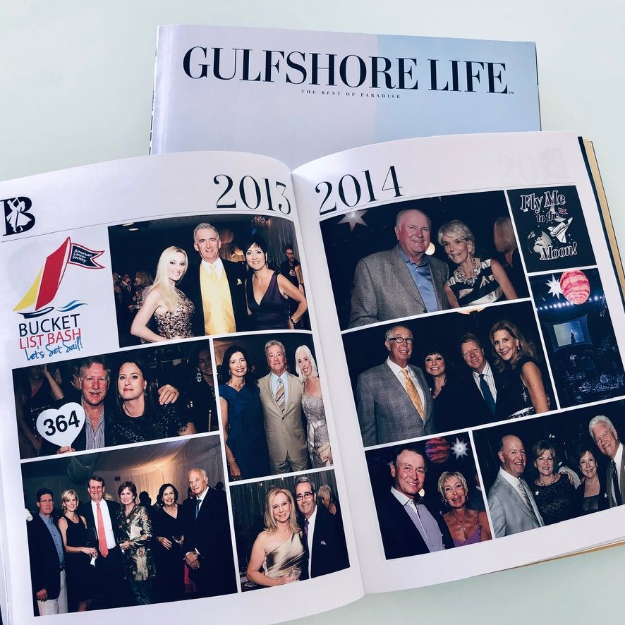 Gulfshore Life magazine open to 2013-2014 Bucket List Bash event photo collage pages.