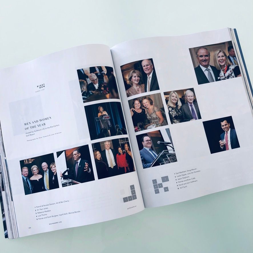 Magazine spread featuring Men and Women of the Year event photos with elegantly dressed attendees at a formal gala.