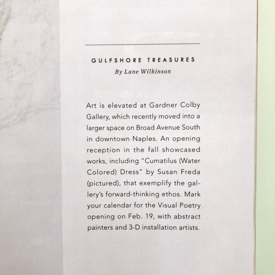 Gulfshore Life magazine article titled Gulfshore Treasures by Lane Wilkinson featuring Gardner Colby Gallery in Naples.