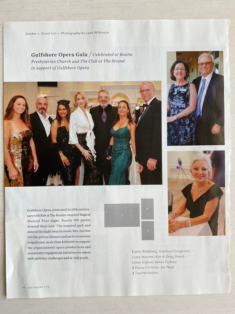 Magazine page featuring Gulfshore Opera Gala event photos with elegantly dressed attendees at Bonita Presbyterian Church.