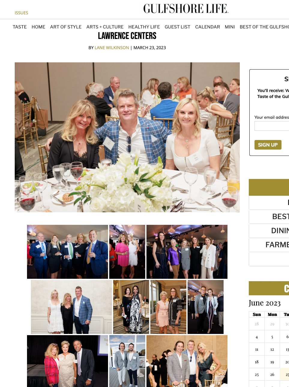 Gulfshore Life magazine Lawrence Centers event coverage featuring elegantly dressed guests at a formal dinner gala.