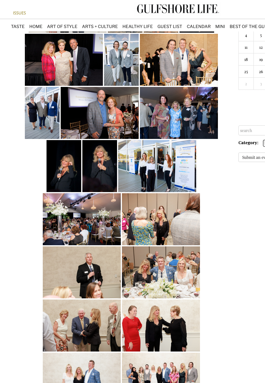 Gulfshore Life magazine event photo gallery featuring multiple group shots of elegantly dressed attendees at a social gathering.