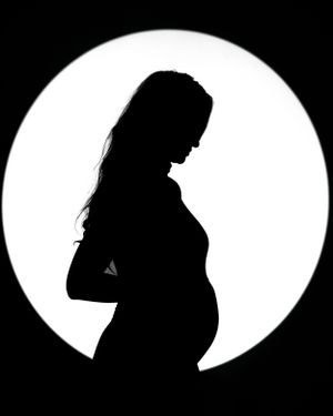 Black and white silhouette sequence showing a pregnant woman's profile against white background. Middle TN maternity photographer.
