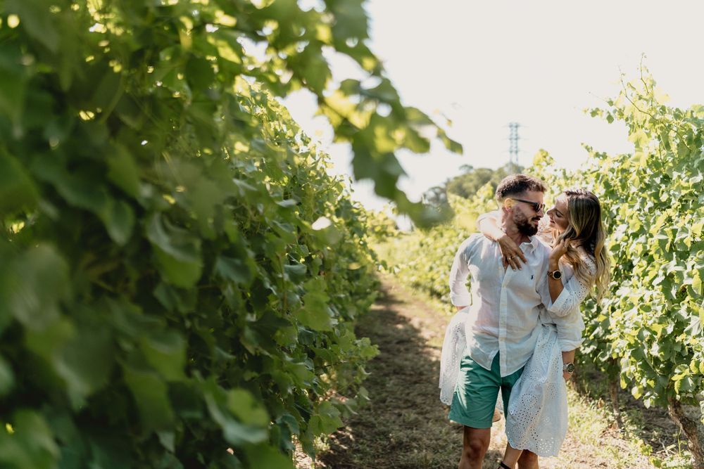 A couple walking hand in hand through a sunlit vineyard on a warm summer day.
