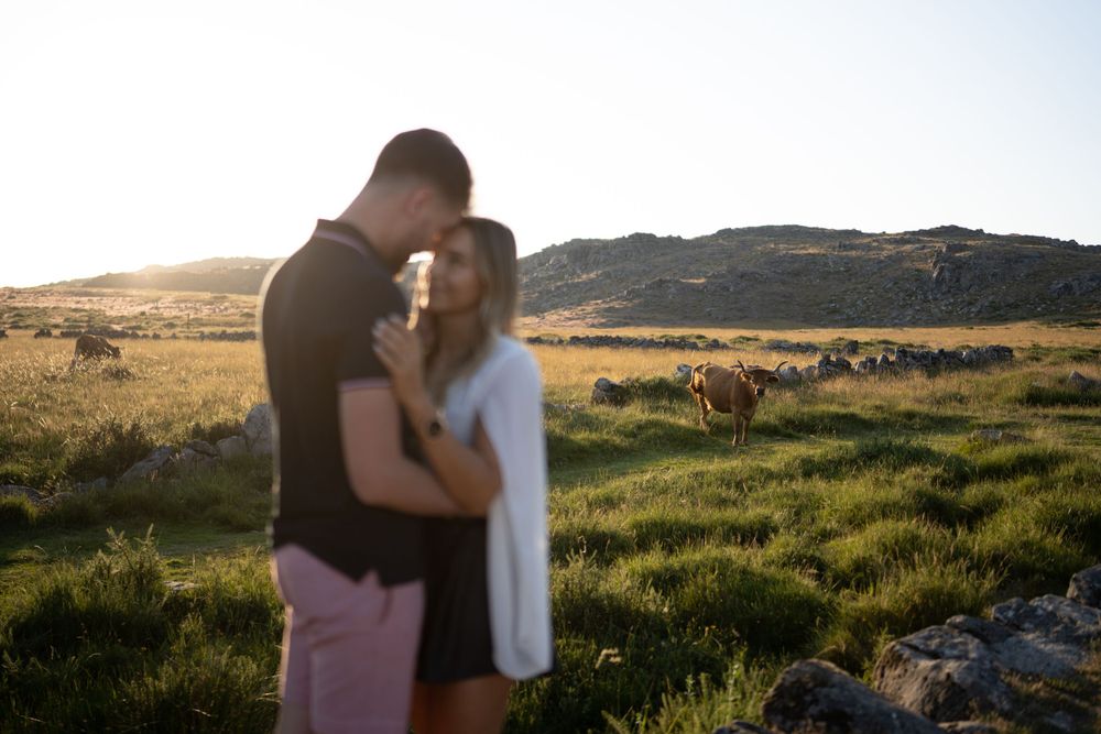 Silhouetted couple sharing a tender moment in golden grassland with mountains behind them.