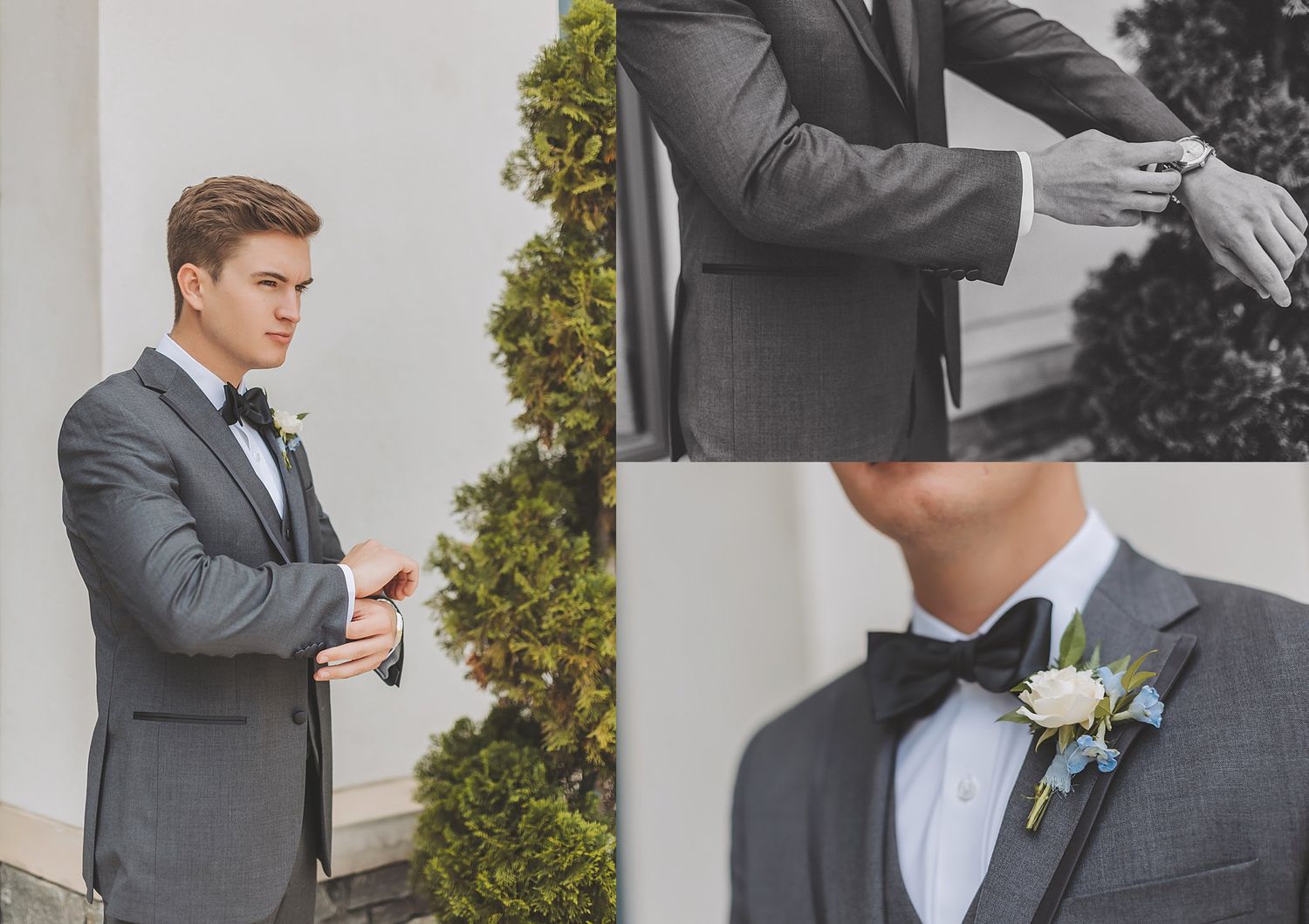 Wedding day collage showing groom details with grey suit, bowtie and boutonniere.