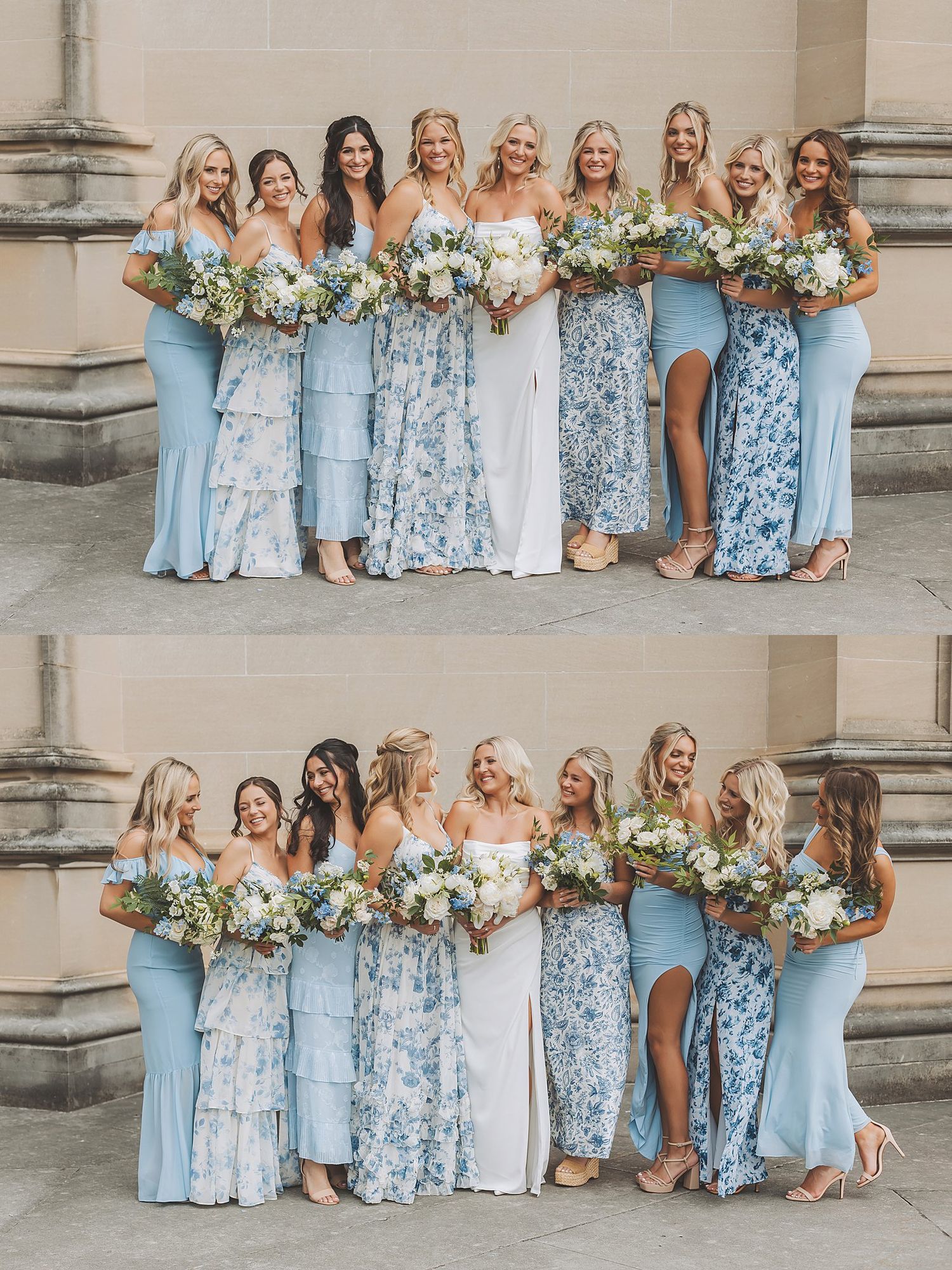 Bridal party in coordinated blue and floral dresses poses together holding elegant bouquets.