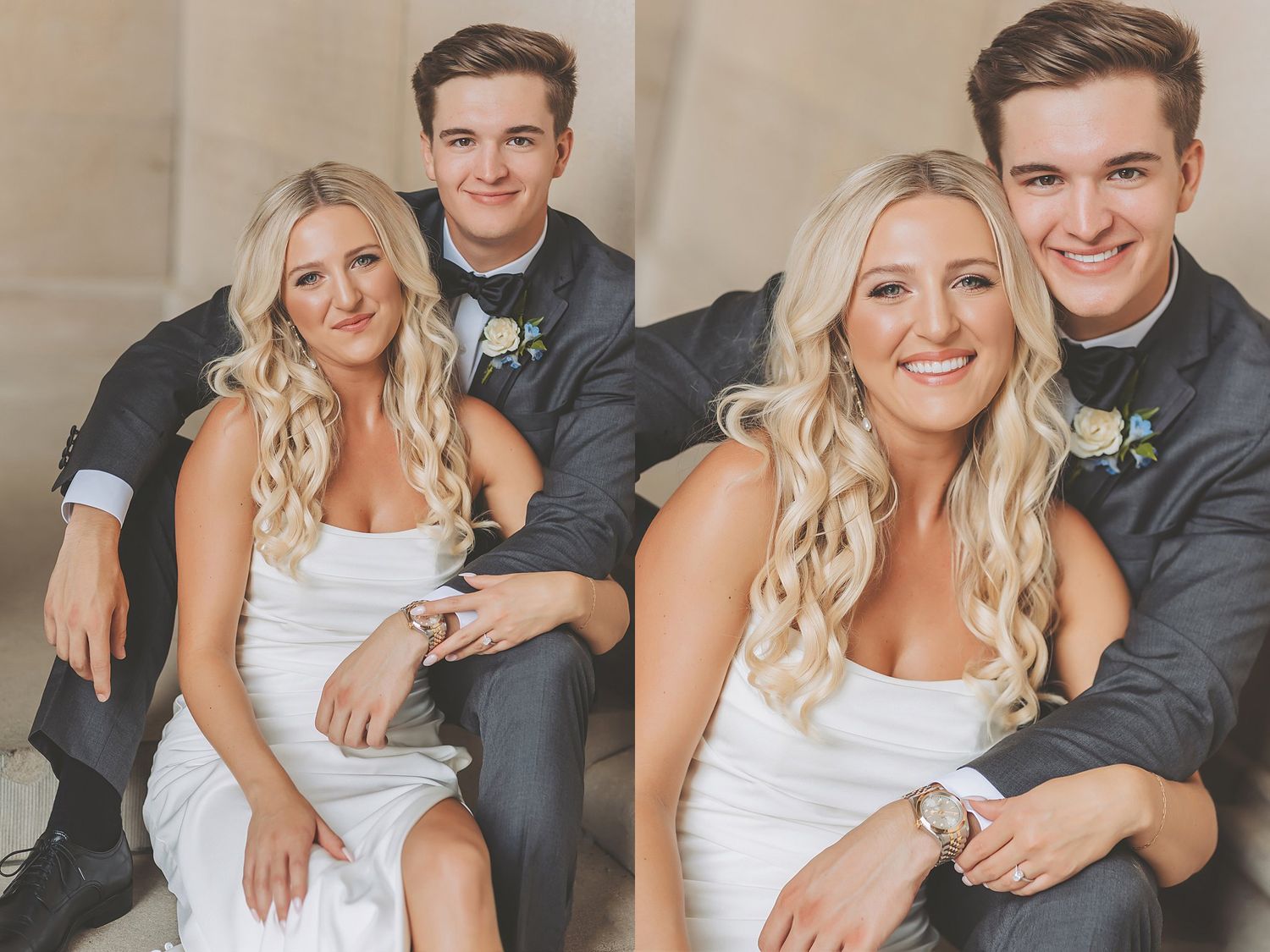 Candid wedding photos showing playful moments between newlyweds in an elegant stone hallway.
