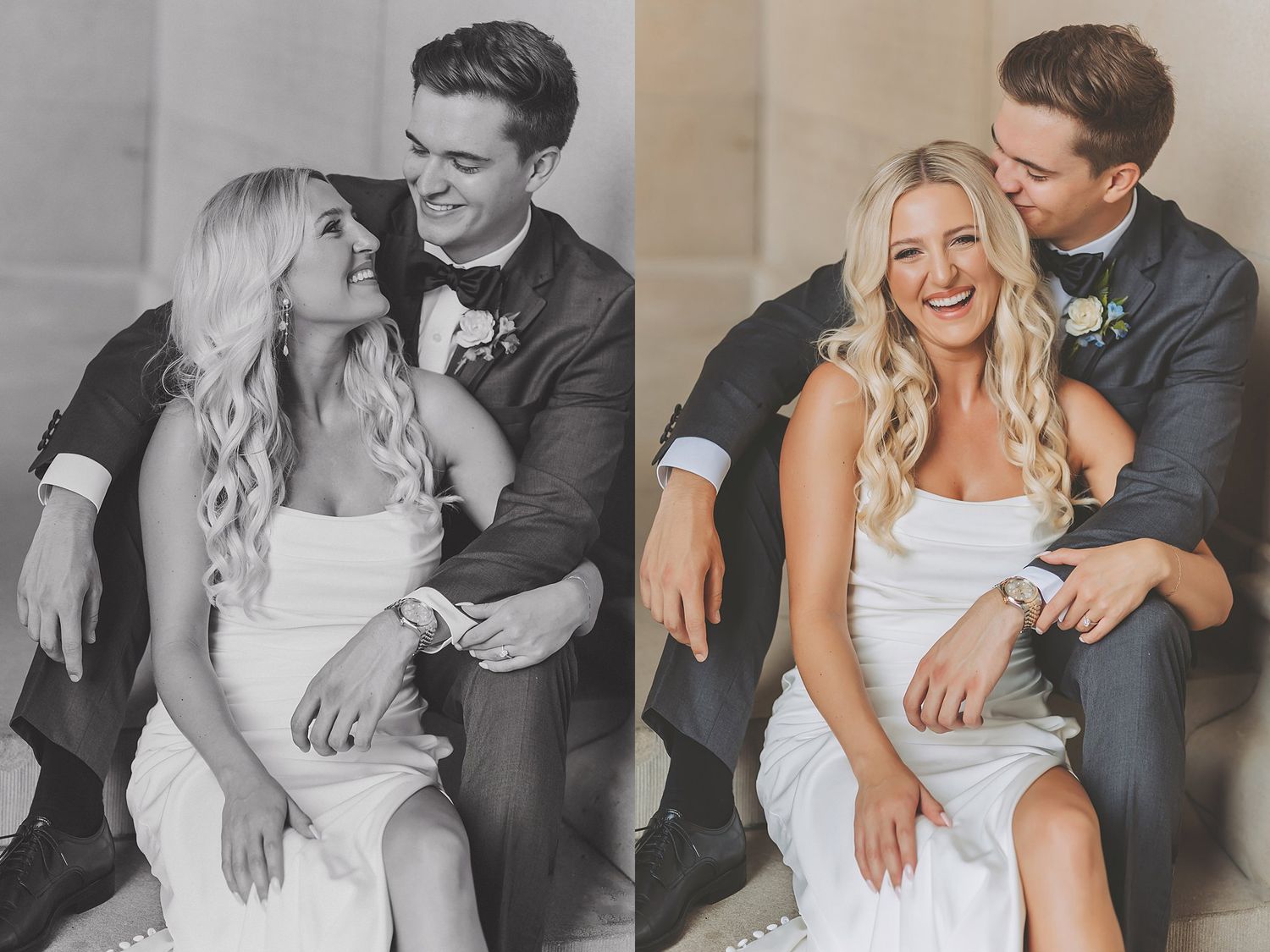 Black and white wedding portraits capturing loving moments between newlyweds in a classic setting.
