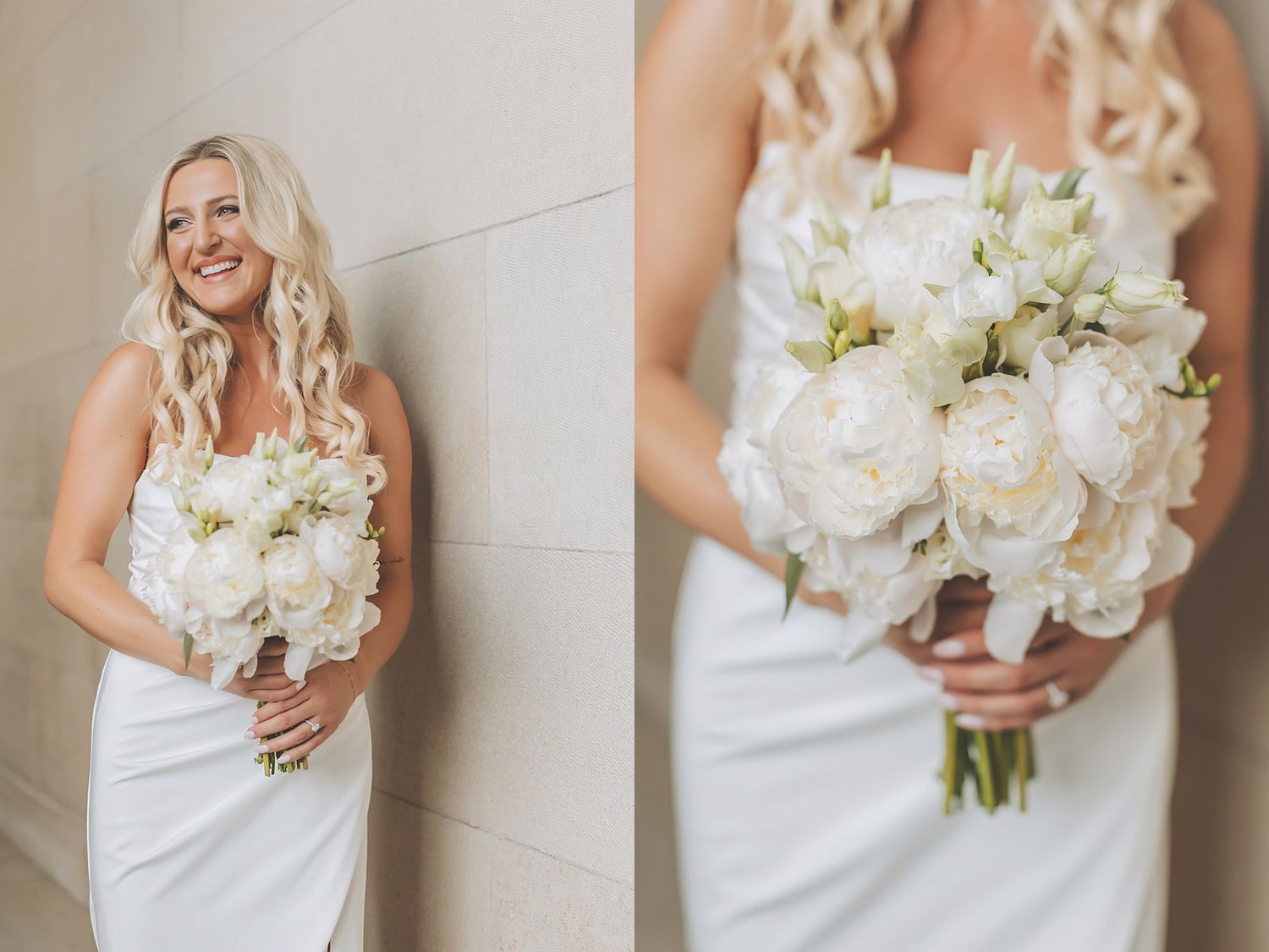Elegant bridal photos featuring white orchid bouquet and classic wedding dress.