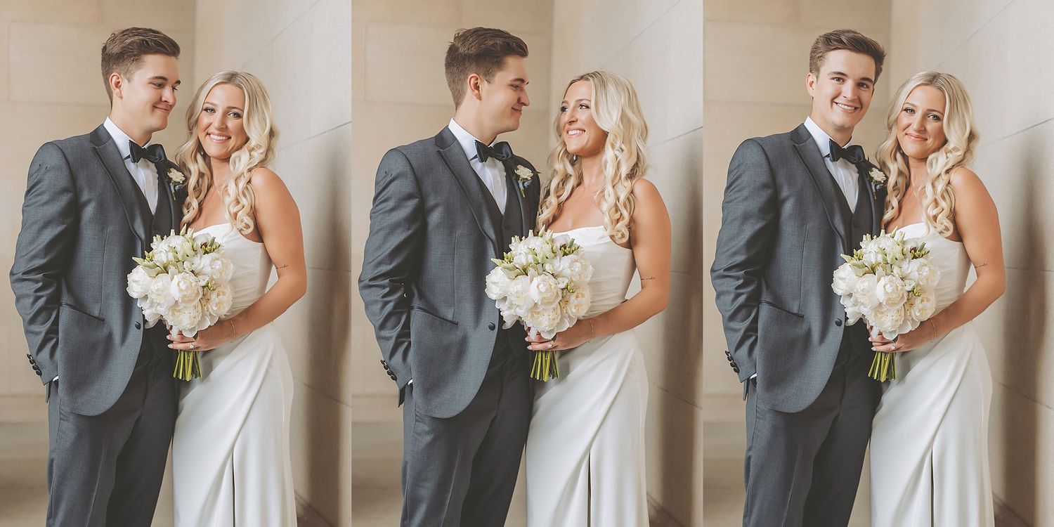 Wedding photo sequence showing romantic moments between bride and groom in stone archway.