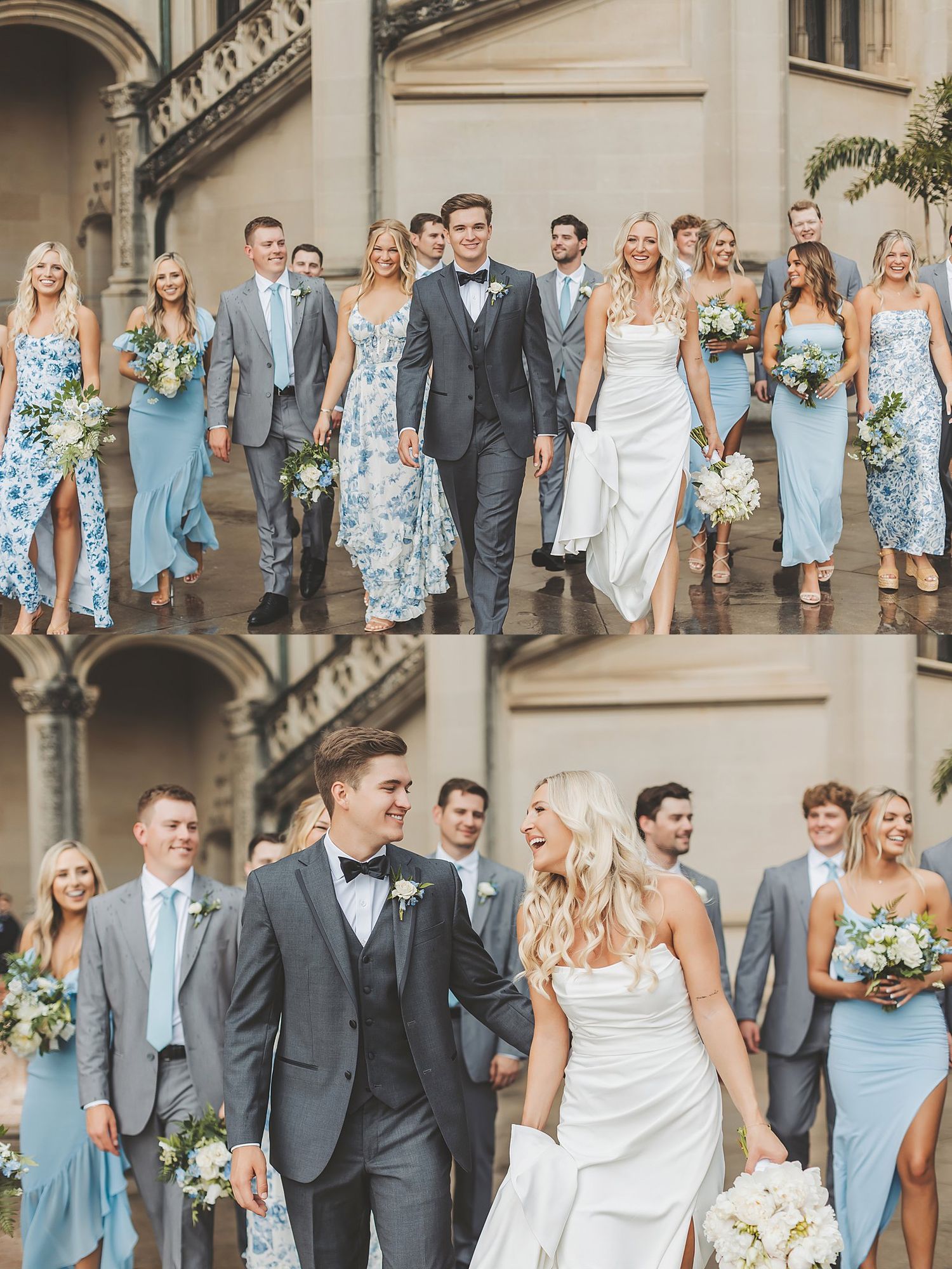 Wedding party in blue and gray attire poses in elegant stone colonnade for group photos.