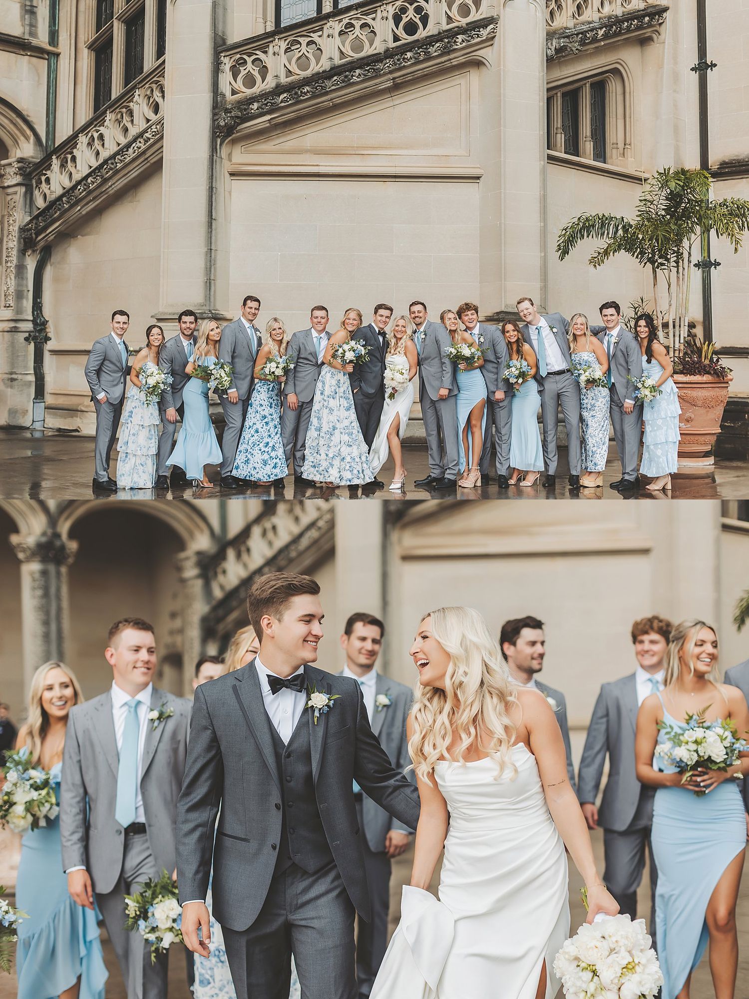 Wedding party in coordinated light blue and gray attire poses together outside elegant stone building.