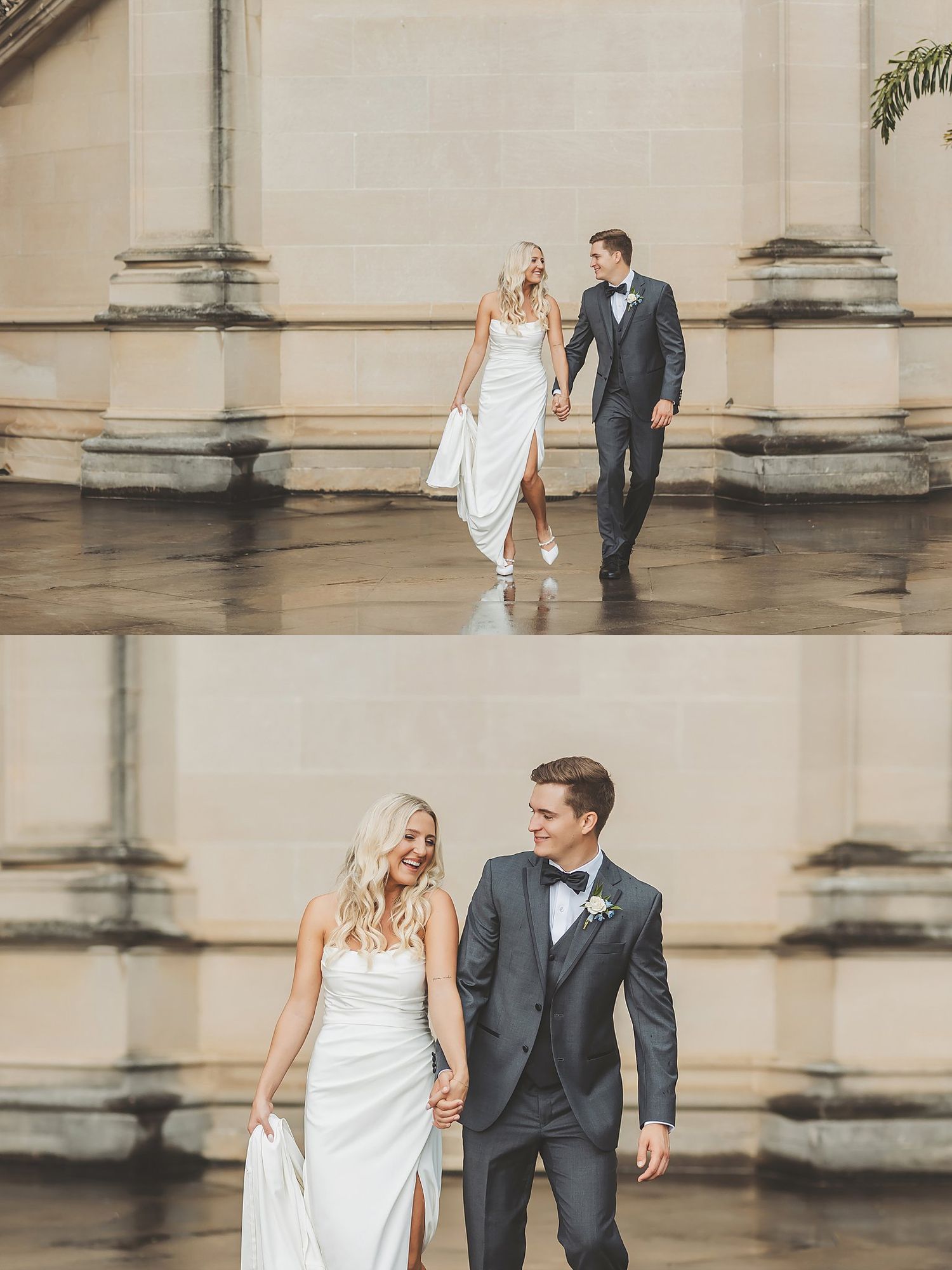 Couple walking and posing in formal wedding attire against stone architectural backdrop.