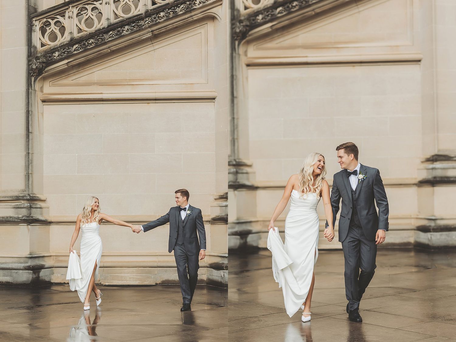 Wedding couple holds hands while walking across reflective surface near stone columns.