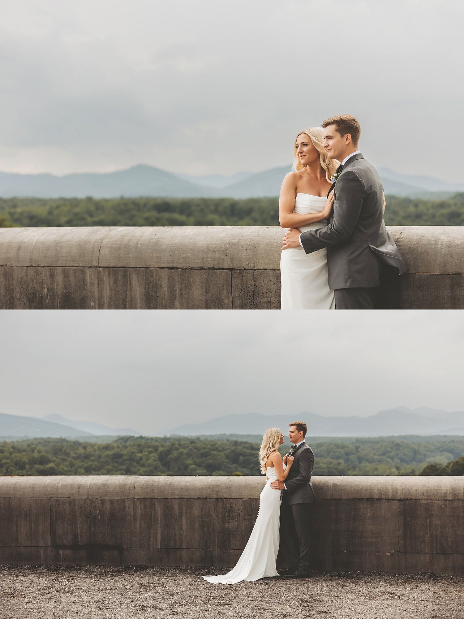 Romantic wedding portraits captured on stone terrace with misty mountains in background.