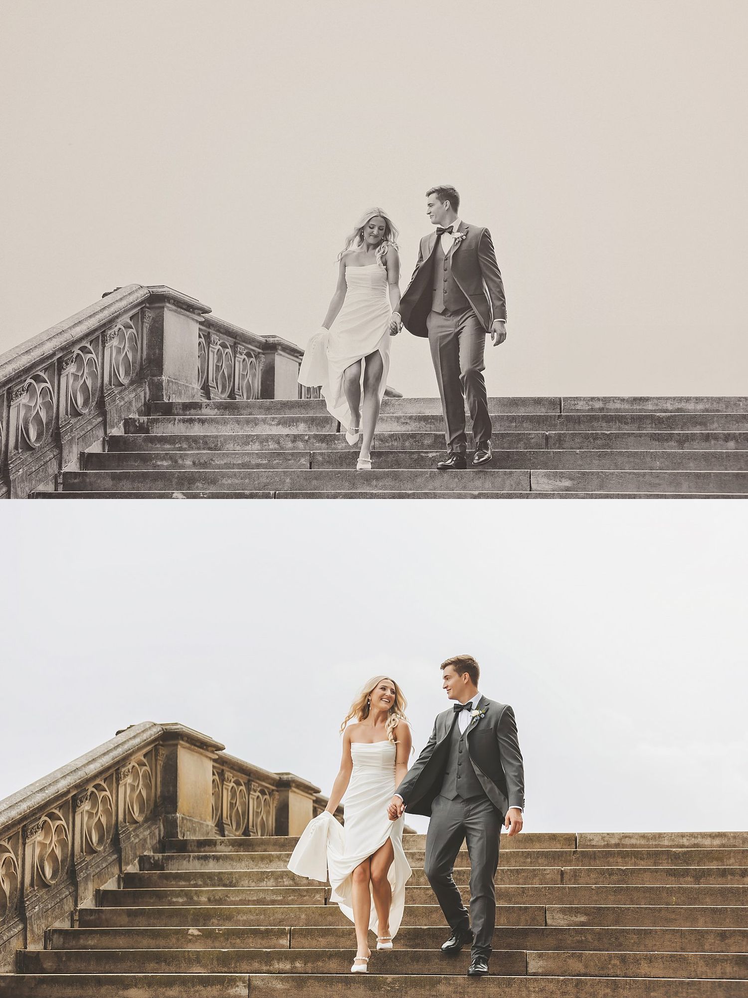 Wedding couple walks down decorative stone steps in both color and black and white styles.