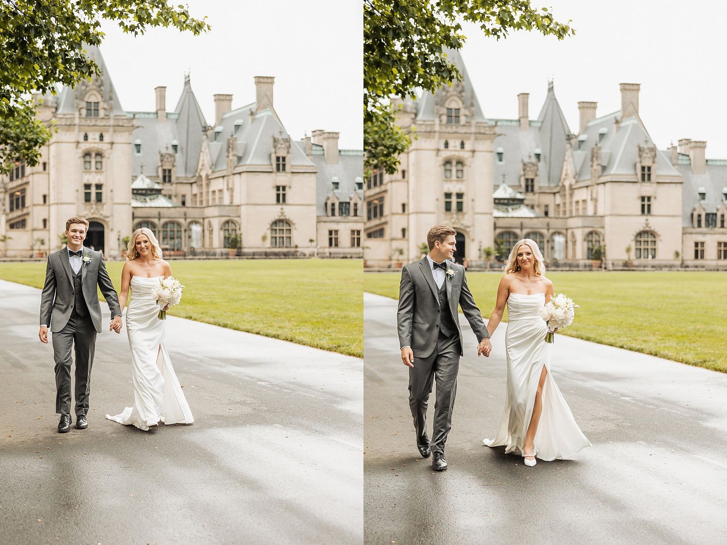 Side-by-side shots of couple strolling in front of grand European-style castle on their wedding day.