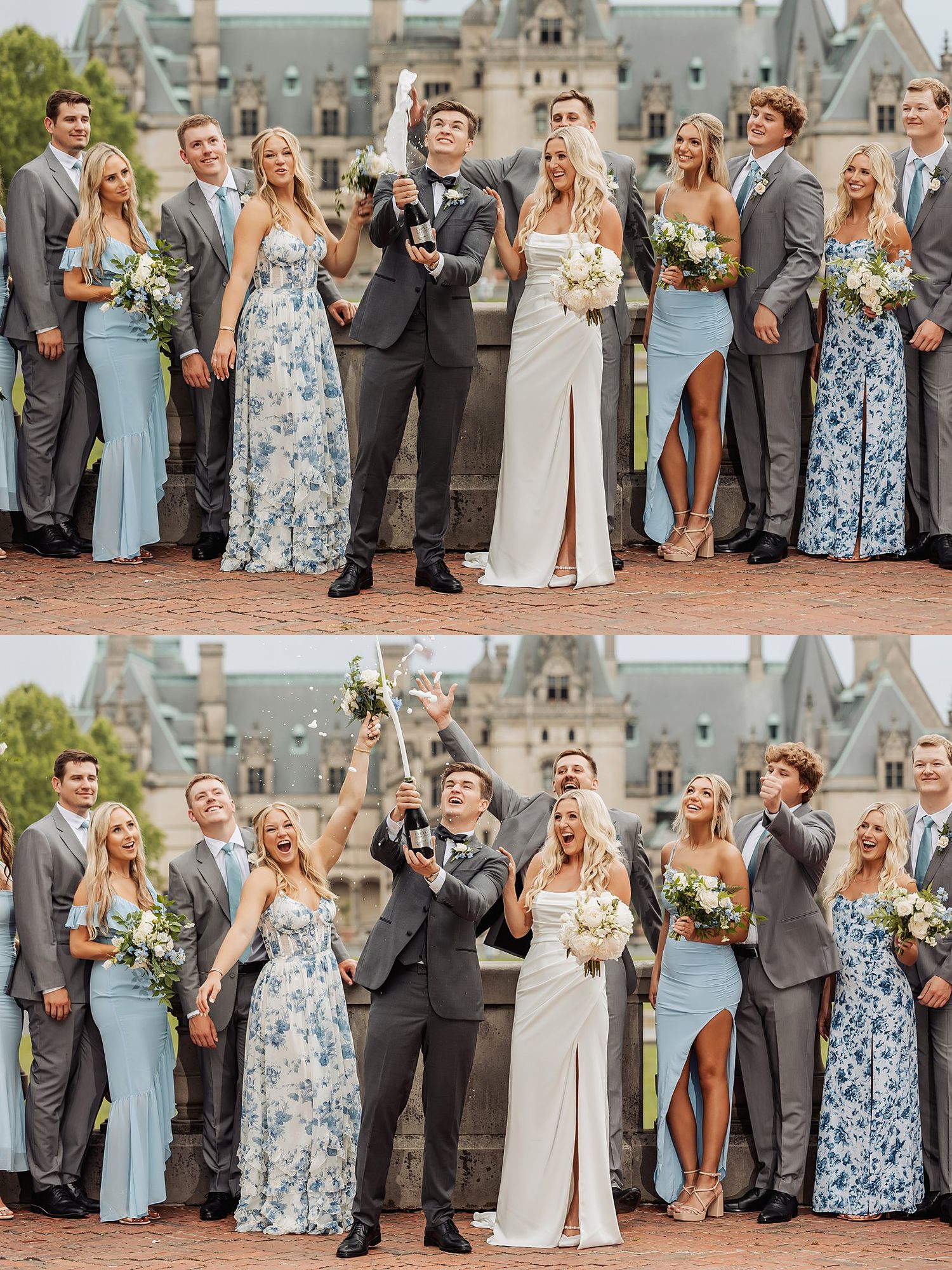 Wedding party poses in front of historic mansion wearing blue floral dresses and grey suits.