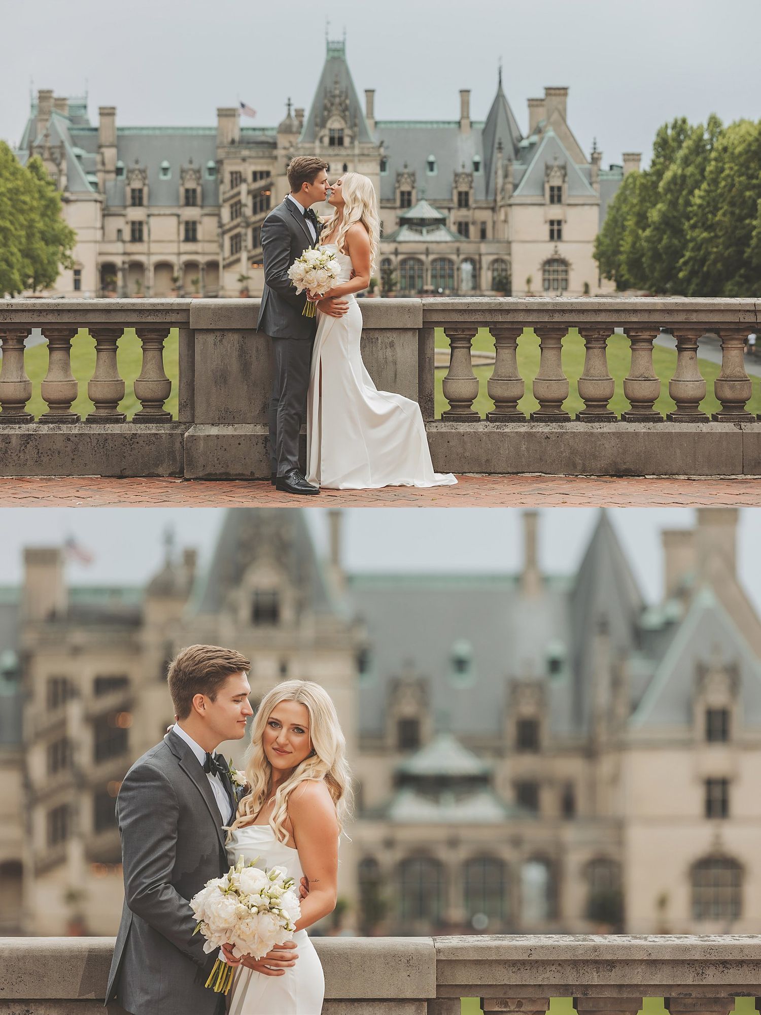 Romantic wedding portraits at historic Biltmore Estate with stunning castle architecture.