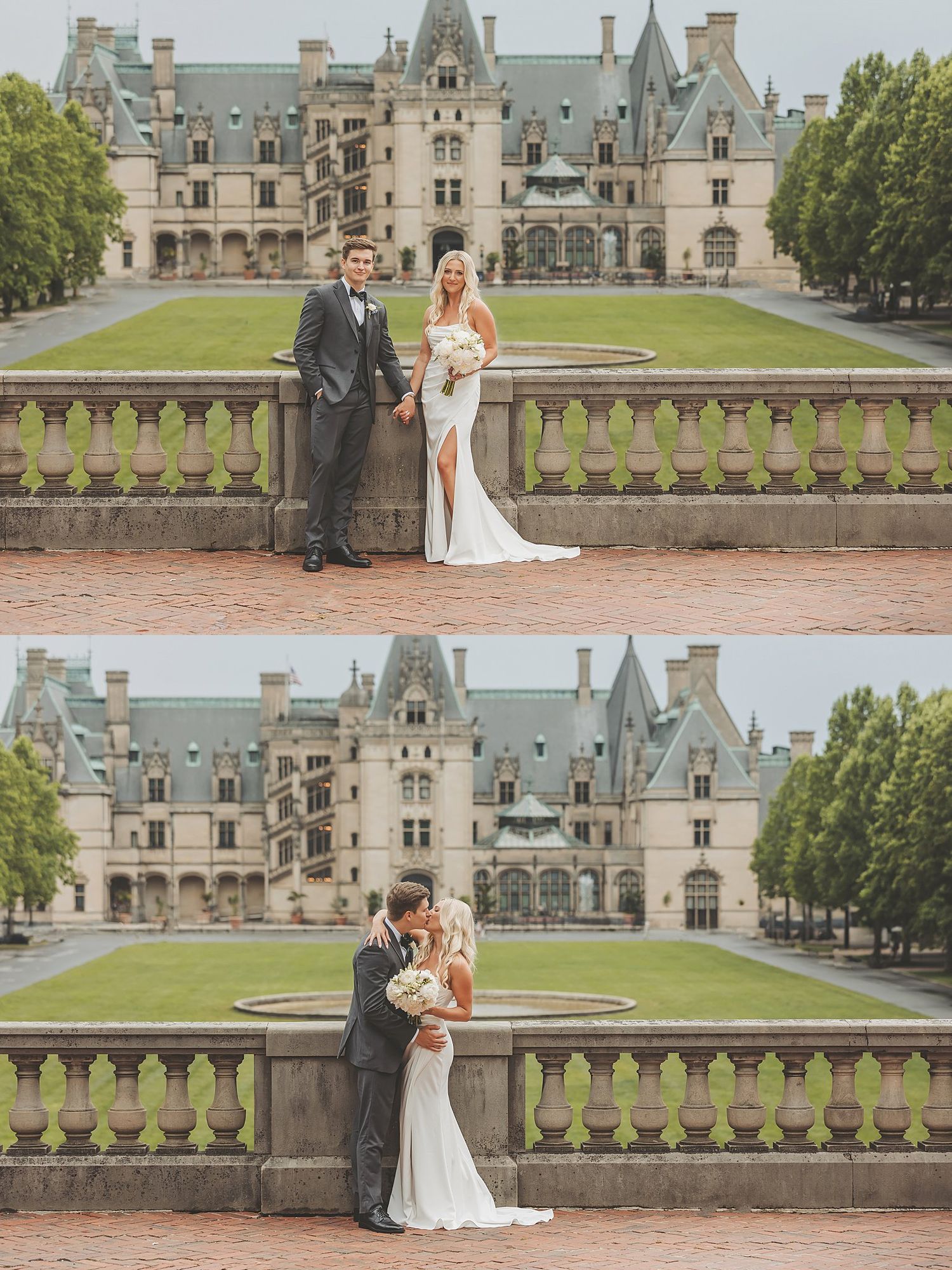 Wedding photography at Biltmore Estate featuring romantic poses on historic balcony.