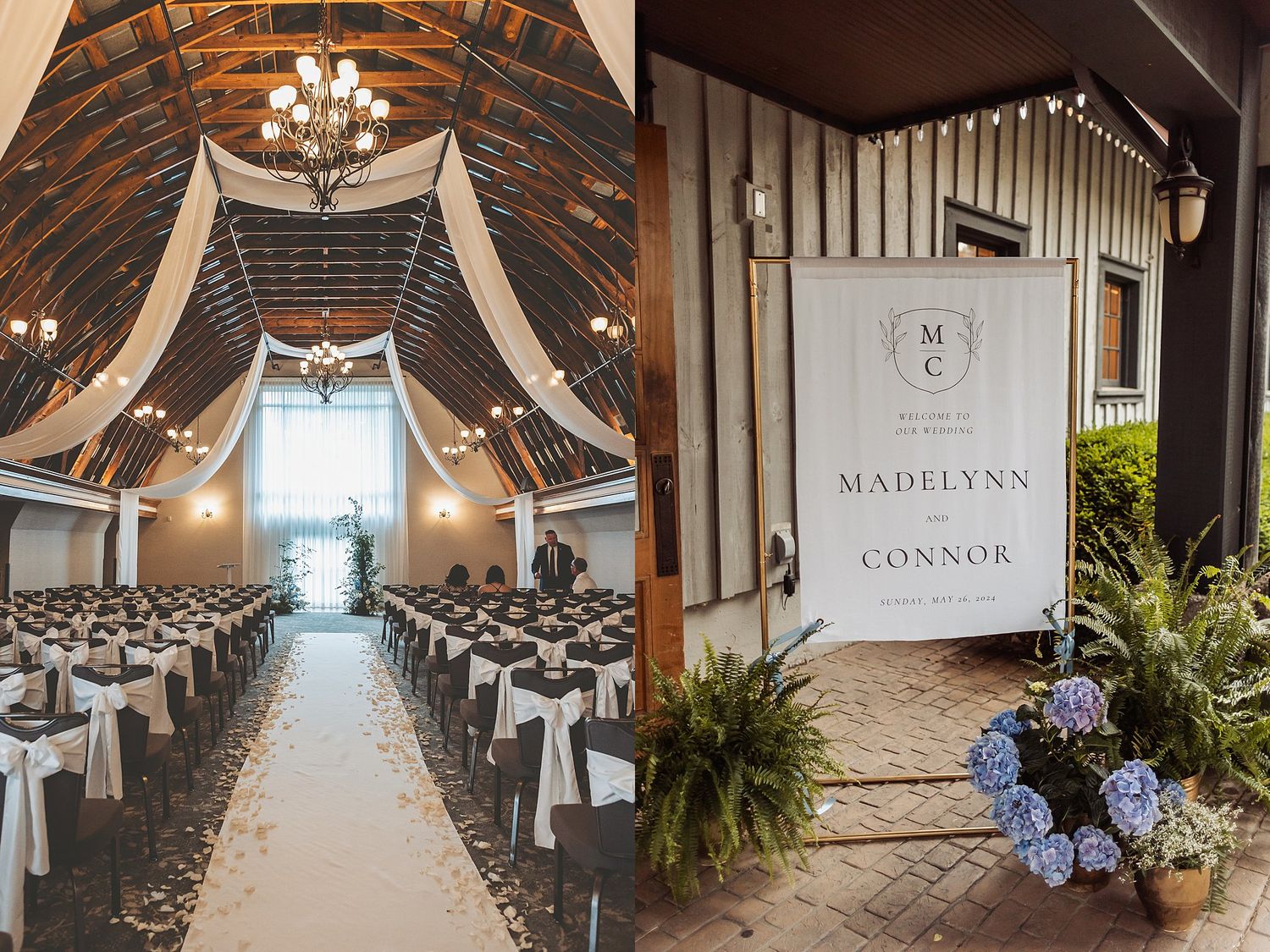 Elegant chapel interior decorated with white draping and rustic wooden beams.