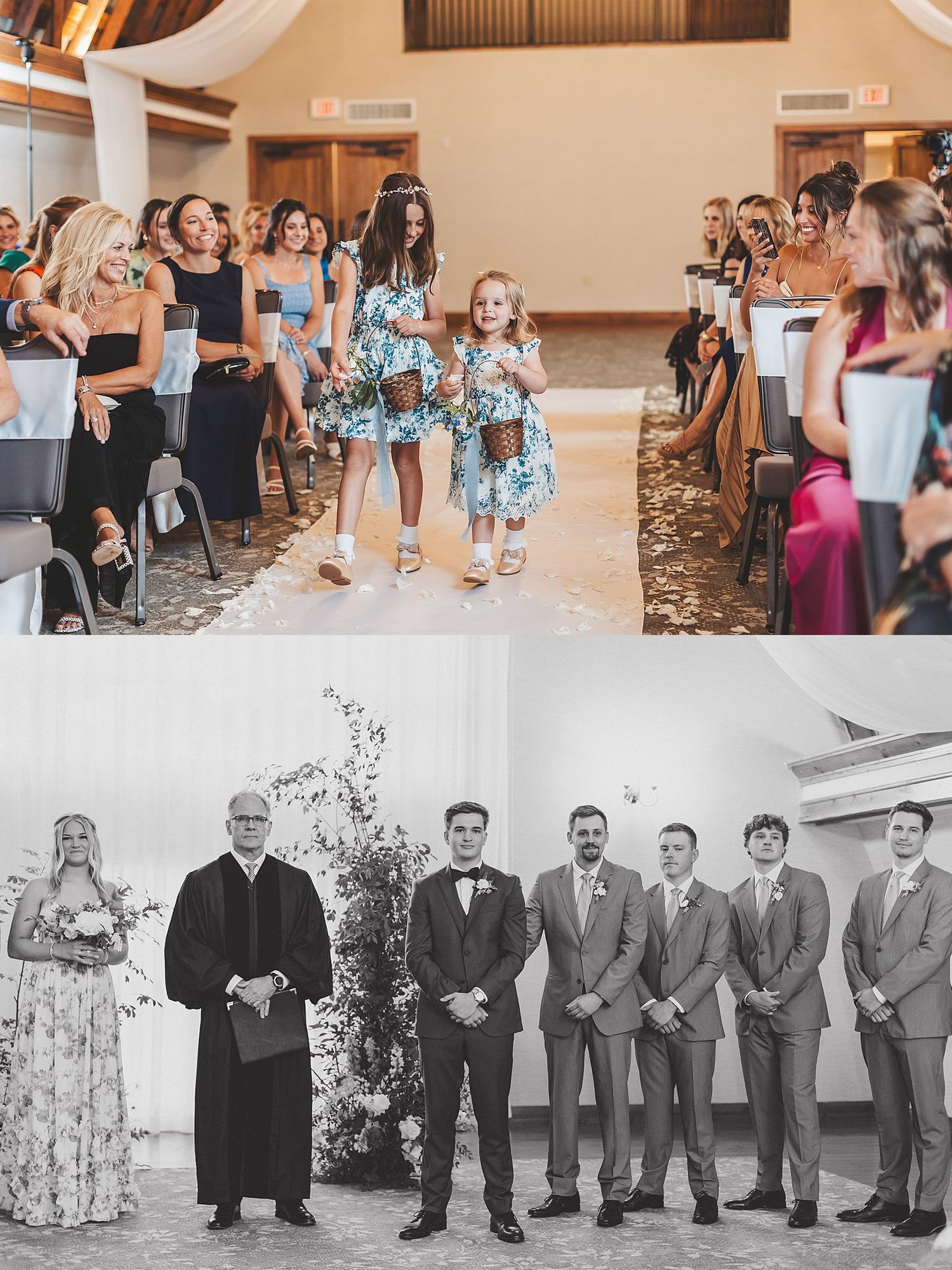 Ceremony processional in chapel followed by formal groomsmen lineup outdoors.
