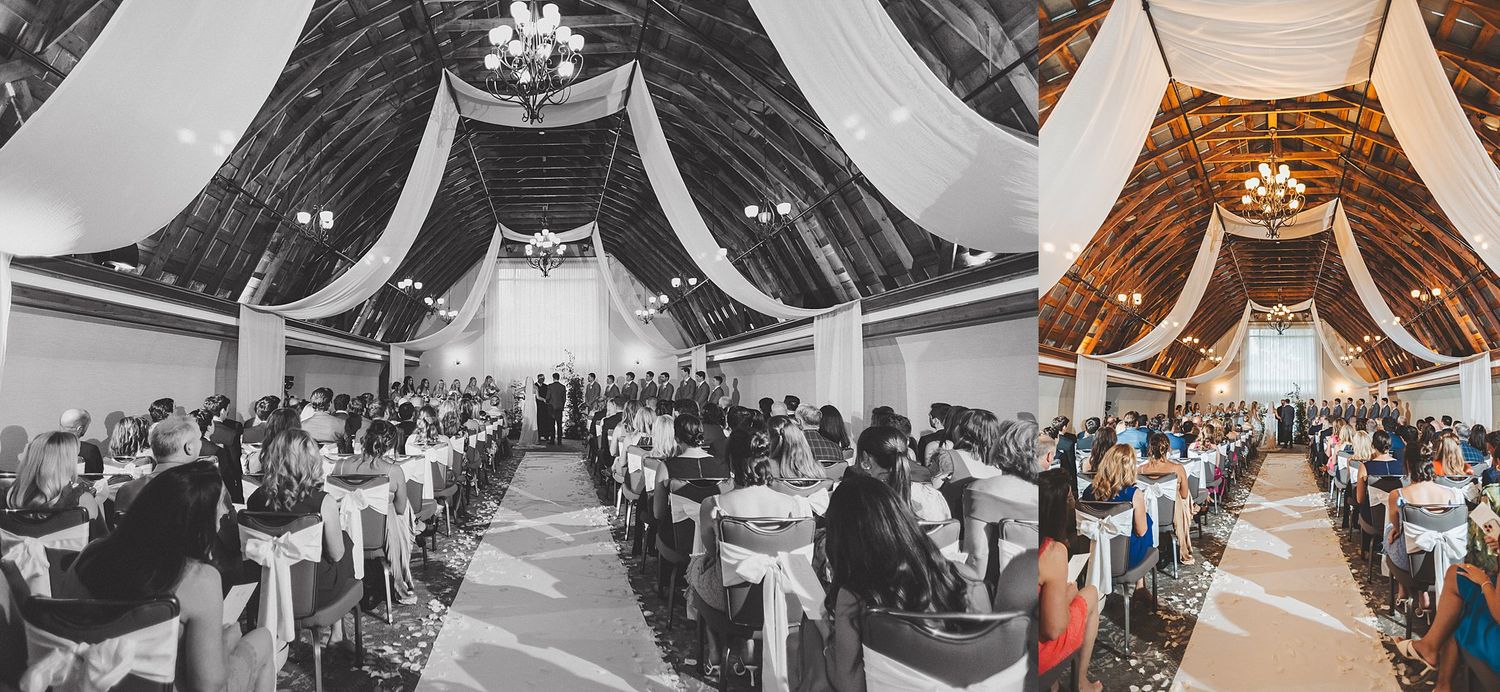 Wedding ceremony venue shown in both black and white and color with dramatic draped ceiling.