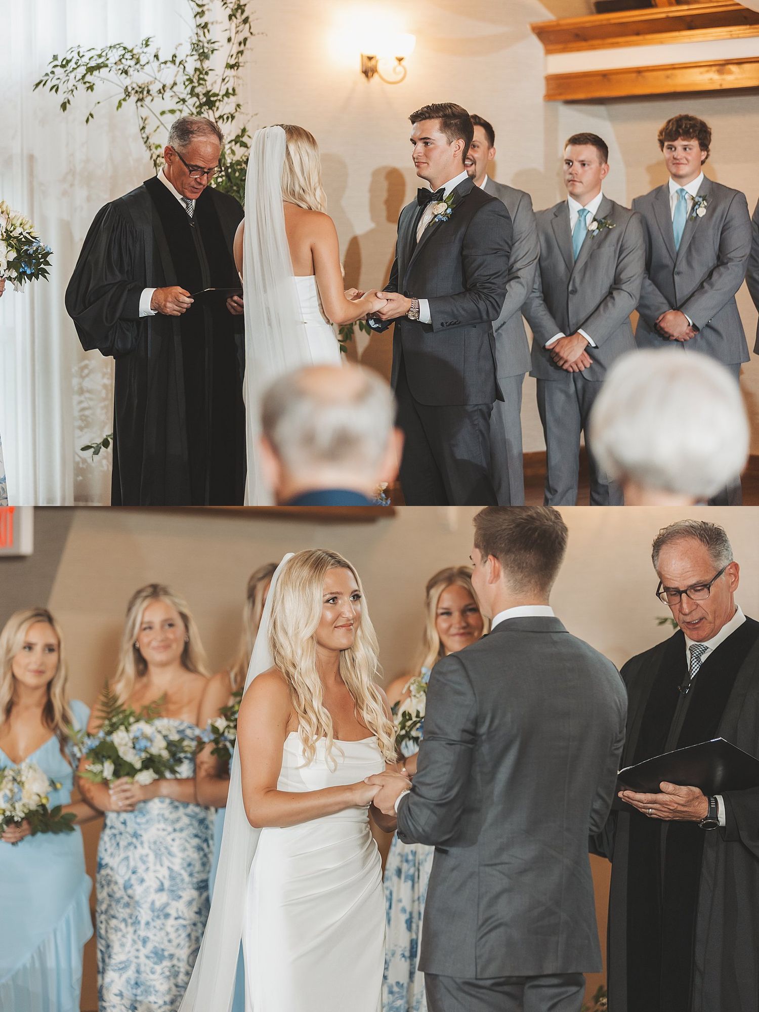 Indoor wedding ceremony with officiant and wedding party in classic formal attire.