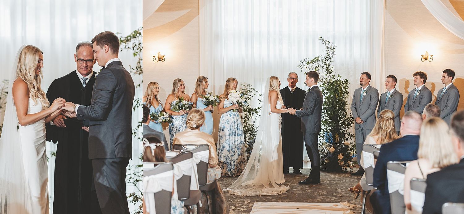 Wedding ceremony in progress with elegant white draping and floral decorations.