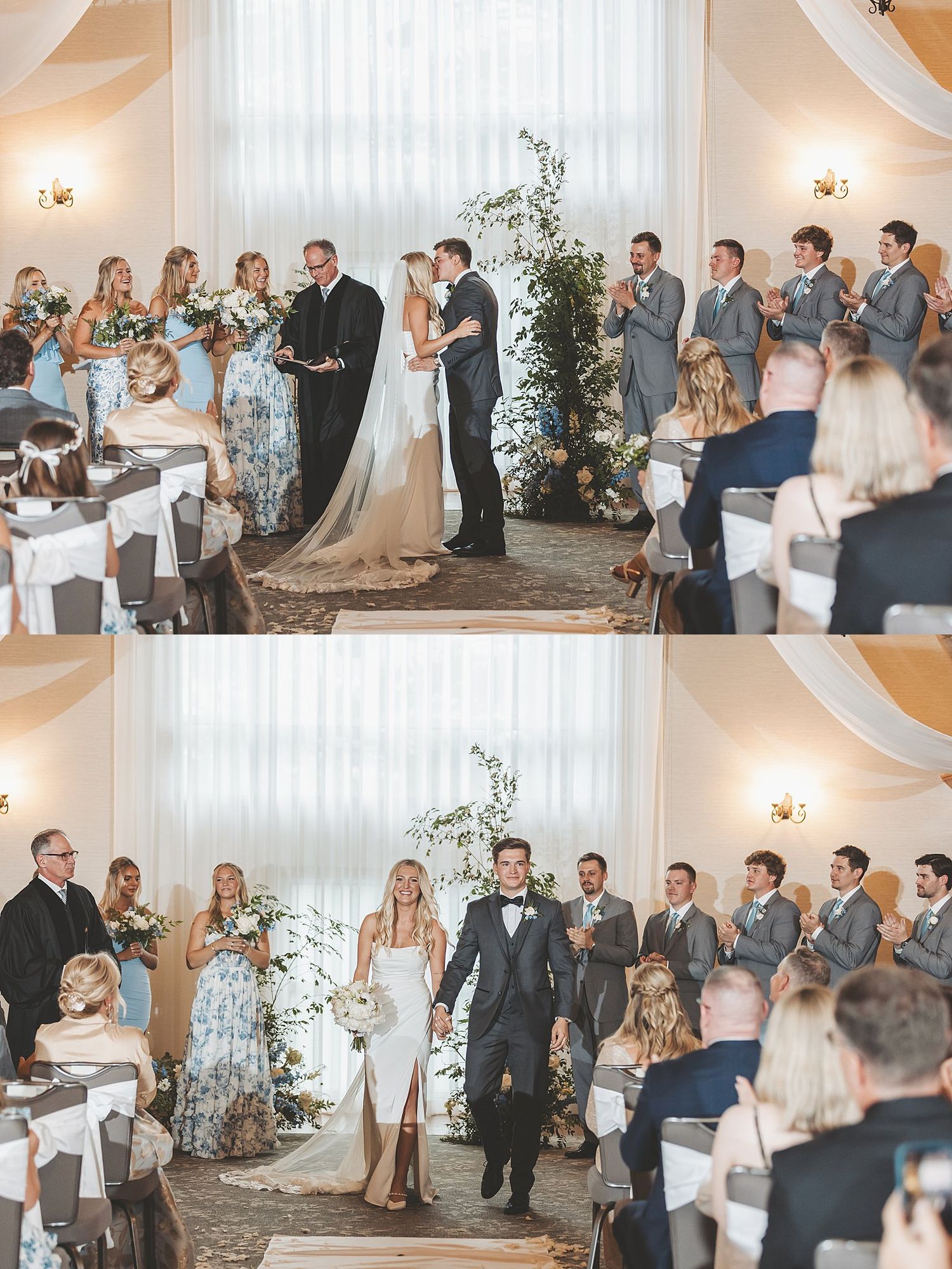 Wedding ceremony moments showing processional and recessional in an elegant indoor venue.