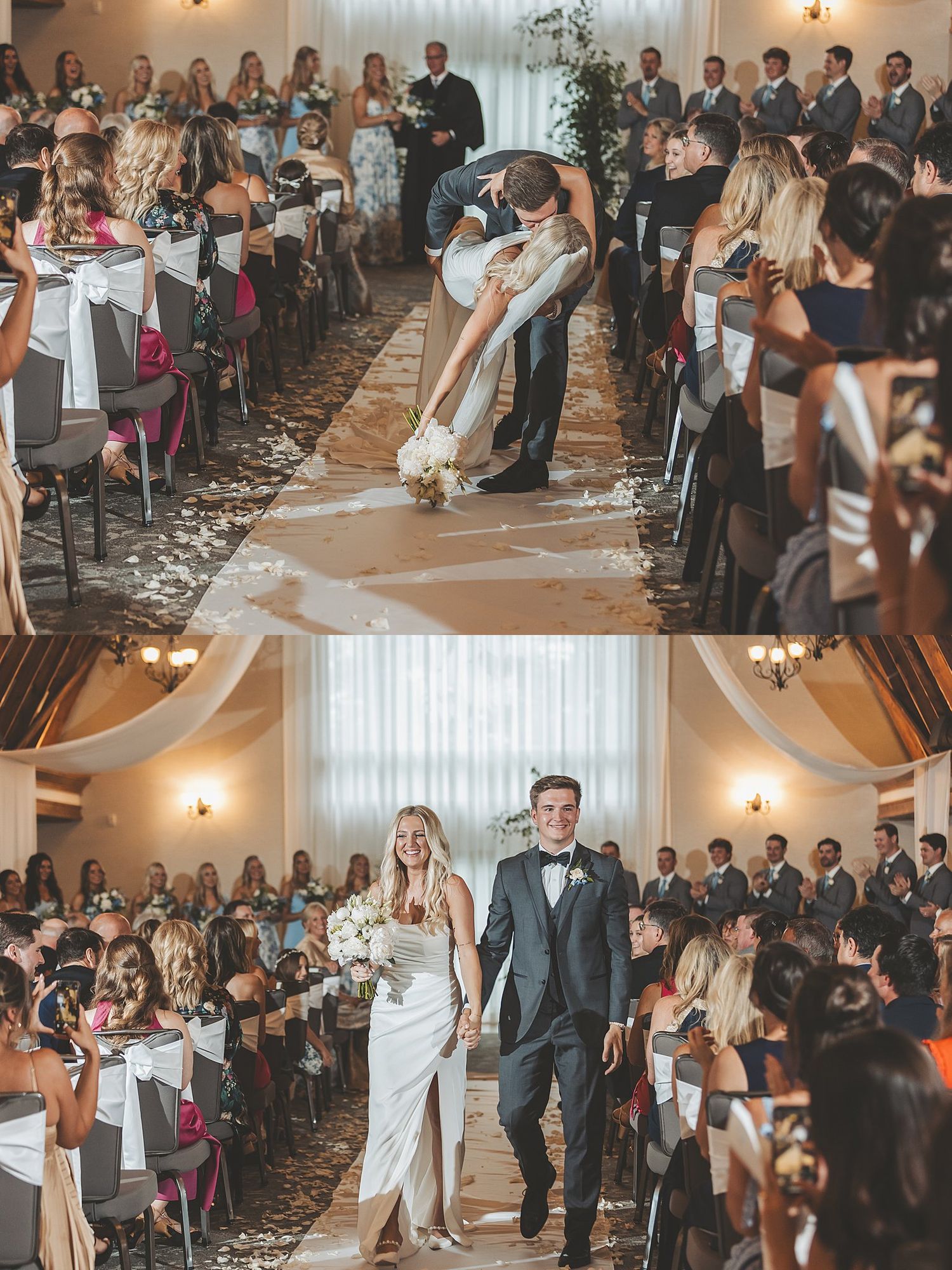 Wedding ceremony exit with guests seated along aisle covered in flower petals.