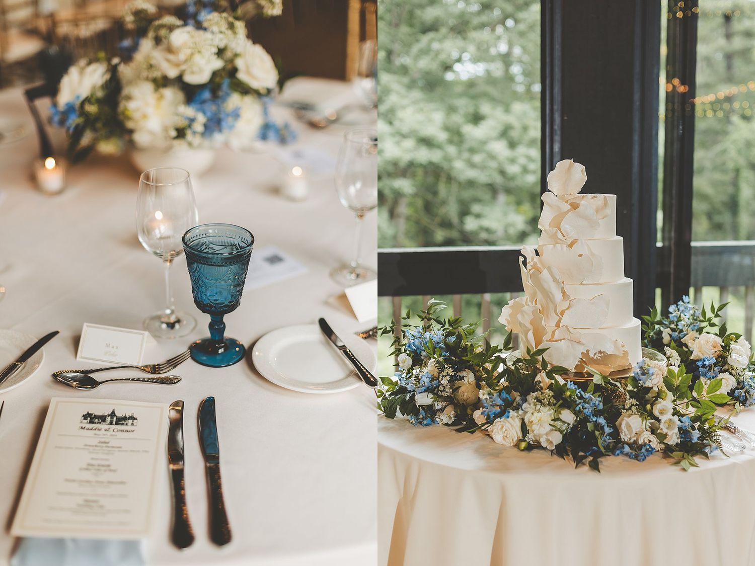 Wedding reception details featuring blue glassware and white floral cake display.
