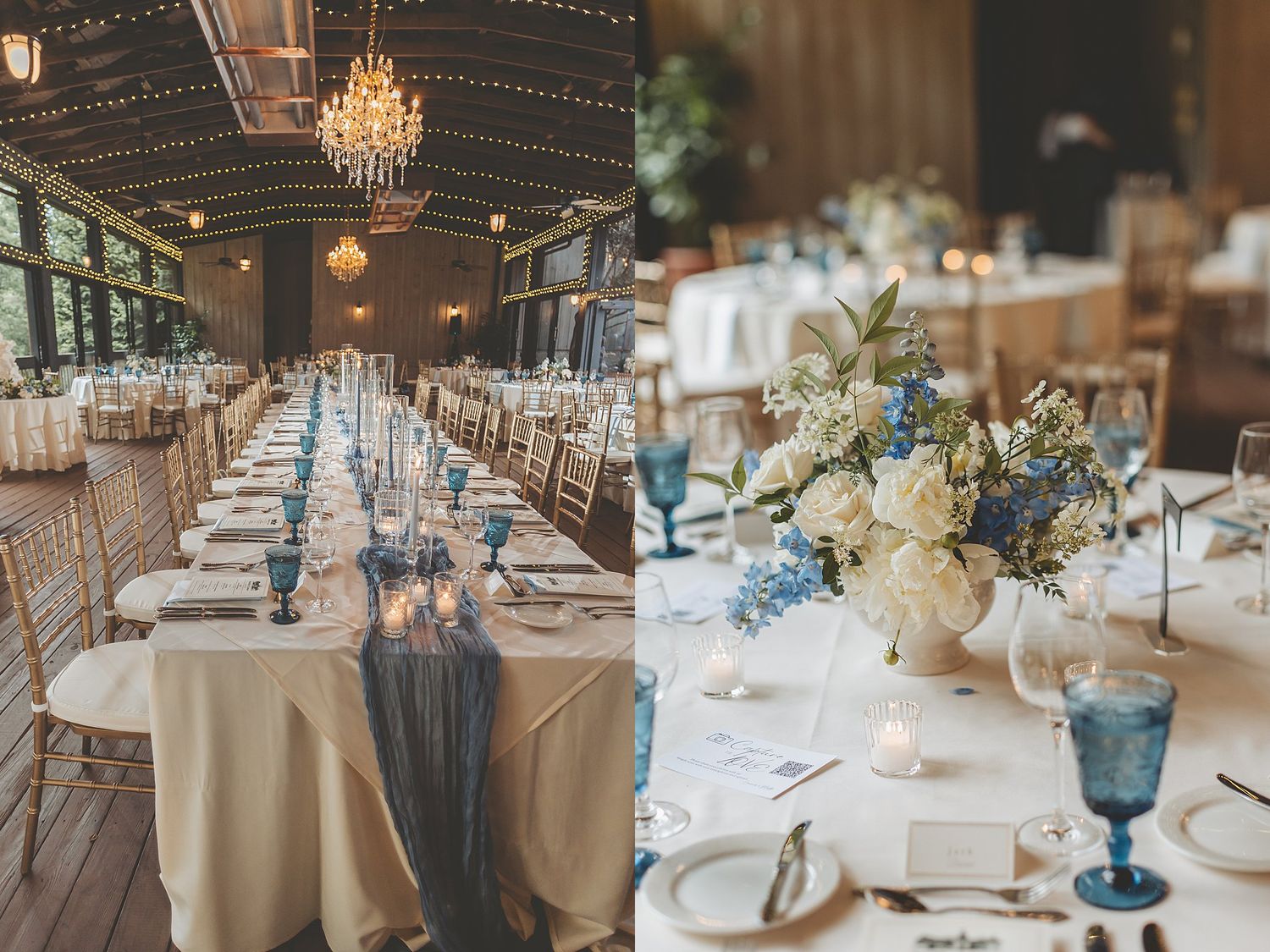 Wedding reception tables decorated with blue glassware, white florals and elegant table settings.