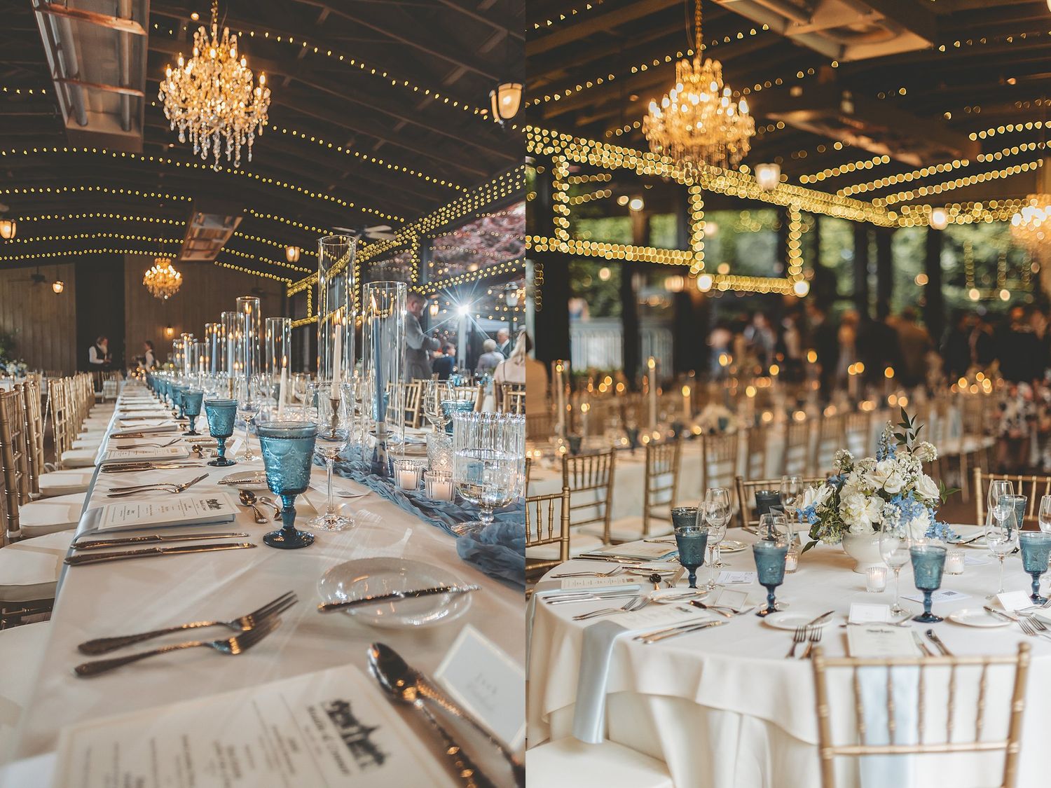 Elegant wedding reception venue with crystal chandeliers and long tables set with white linens and blue accents.