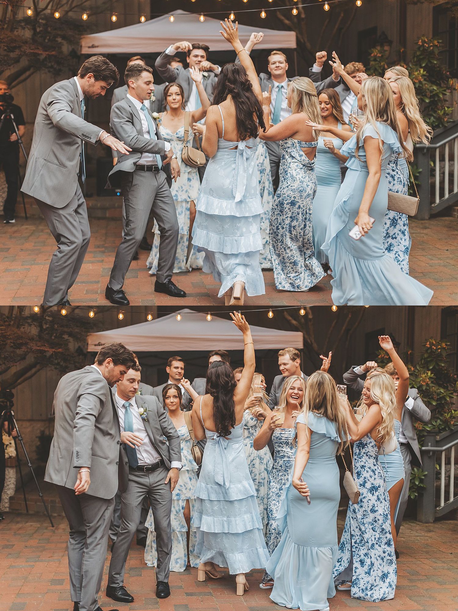 Wedding party celebrates on outdoor patio wearing blue and gray formal attire.